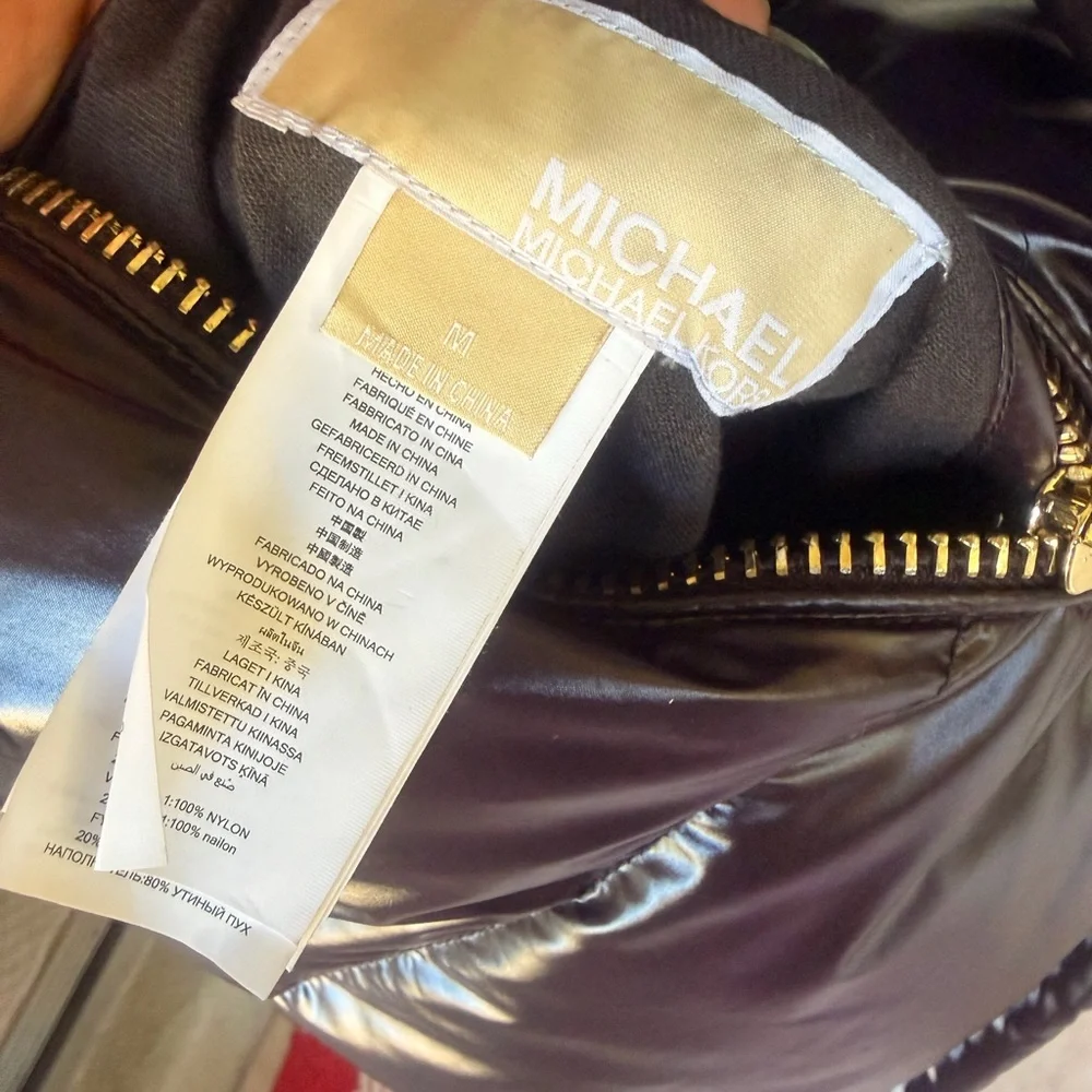 Michael Kors MK Monogram Dark Brown Reversible Puffer Jacket With Gold Hardware